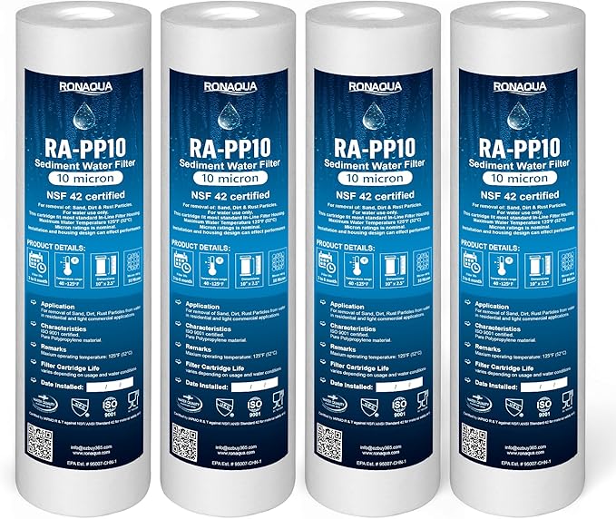 Ronaqua 10 Micron Sediment Water Filter Cartridge 10"x2.5", NSF Certified, 4-Layer Filtration for any 10-inch RO Units & Whole House Systems, Compatible with Culligan P5, AP110, WHKF-GD05, 4 Pack