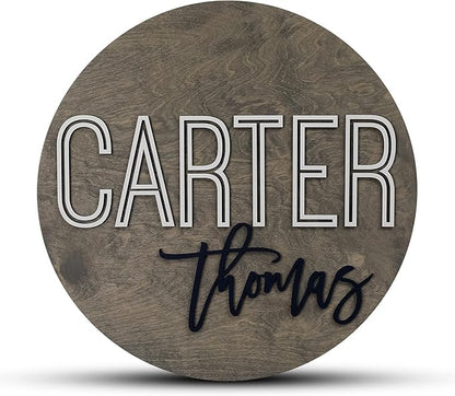Custom Round Nursery Name Sign, Personalized Wooden Wall Plaque, 12" 18" 24", 30" 3D Wall Art for Children & Kids Rooms, Baby Shower, Hickory Hollow Designs (Carter Thomas)