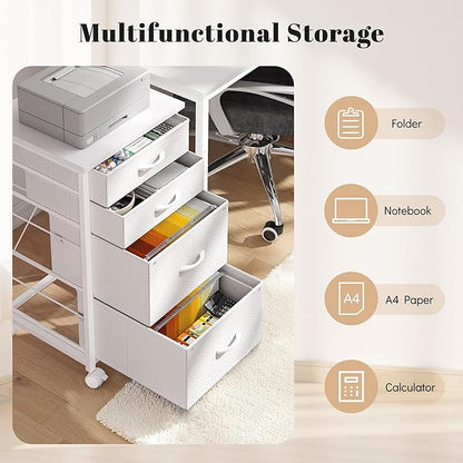4 Drawers Mobile File Cabinet Vertical Filing Cabinet with Fabric Drawer Fits A4/Letter Size Printer Stand for Home Office，White