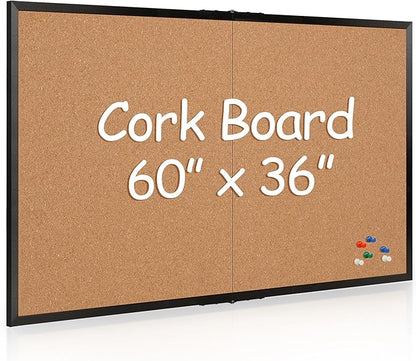 Board2by Extra Large Cork Bulletin Board 60" X 36", Foldable Notice Pin Board for Wall, Black Wood Framed 5'x3' Corkboard, Wall Mounted Noticeboard with 36 Push Pins for School, Home & Office