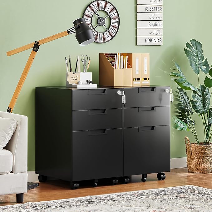 Letaya 3 Drawer Mobile File Cabinet with Lock,Under Desk Metal Small Filing Cabinets for Home Office Organizer Letters/Legal/A4(Fully Assembled Except Wheels-Black)