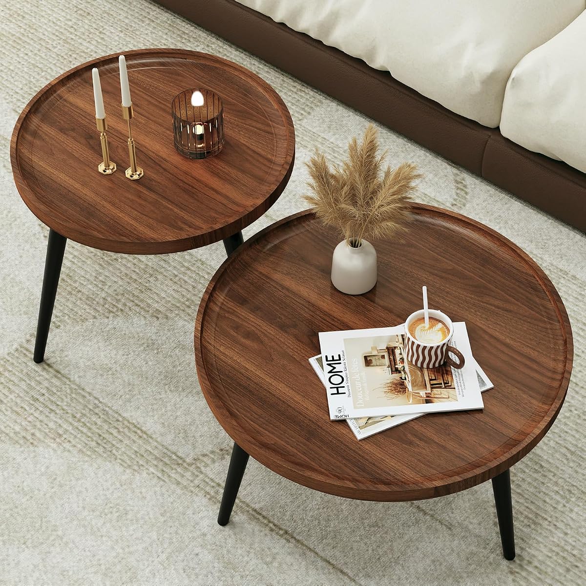 2 Pcs Small Modern Coffee Table Round,Mid Century Walnut Nesting Tables