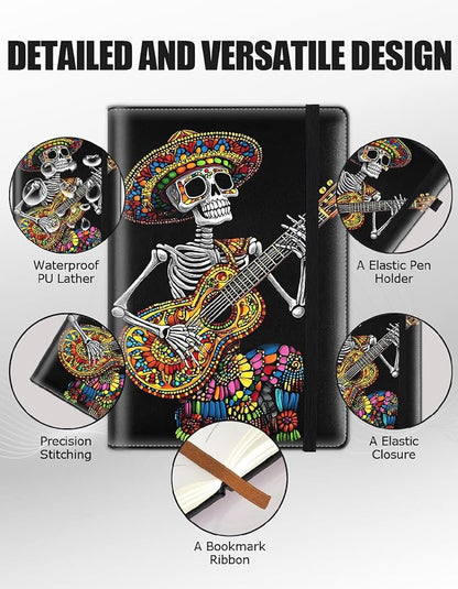 Hardcover Executive Notebooks, A5 PU Leather Lined Journal Notebook, 200 Pages Thick Paper Subject Notebooks for School,Work,Home Writing Business Notebook, Diary Book ，Skull Guitar Huichol
