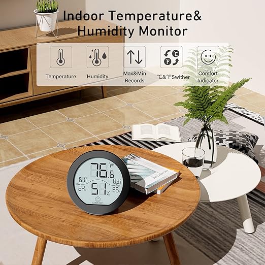 SECRUI Hygrometer Thermometer for Room Temperature Humidity Meter Indoor Thermometer Accuracy Calibration LCD Temperature Sensor with Maximum and Minimum Records, TH1, Black, 2 Pack