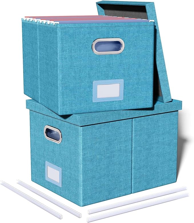 2 Pack File Storage Organizer, Document Organizer, Portable File Box with Lid, Fit for Letter/Legal File Folder Storage,Calamine Blue+Cobalt Green,Box only