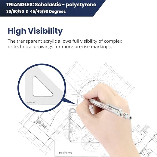 Pacific Arc's Scholastic Triangle - 6 inch - Clear - 30/60 Angle - Plain Edge - Polystyrene - Technical Drawing Tools, Drafting, Architect and Engineering