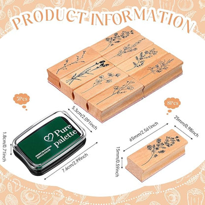 Tenare 8 Pieces Vintage Rubber Stamps Decorative with 3 Colors Ink Pad Wooden Plant Flower Stamps Set for DIY Craft, Scrapbook, Letters Diary and Card Making