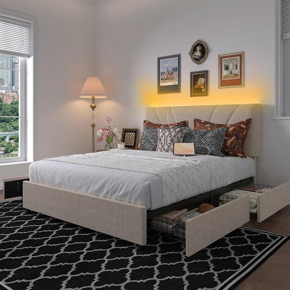 King Size Bed Frame with Drawers/Charging Station/LED Light, Beige