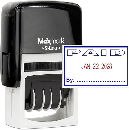 MaxMark Office Self Inking Date Stamp with Phrase Paid - 2 Color Blue/Red Ink