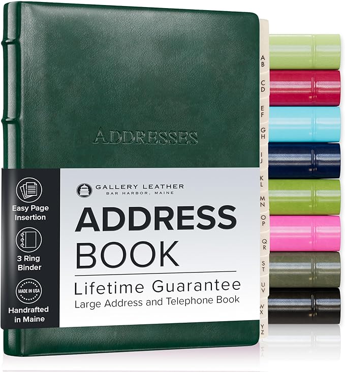 Gallery Leather Large Address Book with Alphabetical Tabs up to 480 Records, Leather Notebook Hardcover, Telephone and Address Books - 9x7", Desk Address, Acadia Green