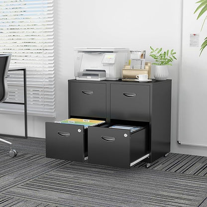 SteeLoong 2 Drawer File Cabinet with Lock，Black Rolling File Cabinet for Home Office, Metal Small Mobile Filing Cabinets on Wheels for Hanging Letter