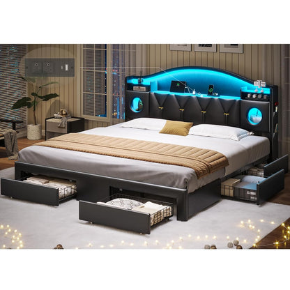 King Size Bed Frame with 6 Storage Drawers, King Bed Frame and Headboard