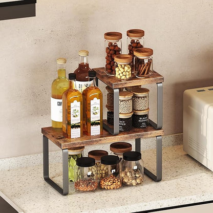 Homeiju Wooden Desktop Organizer Shelf, 2-Tier Adjustable Freestanding Bookshelf Desk Shelf, Stackable Desk Organizer for Office, Dorm, Bedroom, Space Saving, Easy Assembly, Rustic Brown (1 Pack)