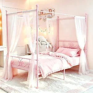 Twin Canopy Bed Frame with Headboard, Metal Twin Beds for Kids, Pink