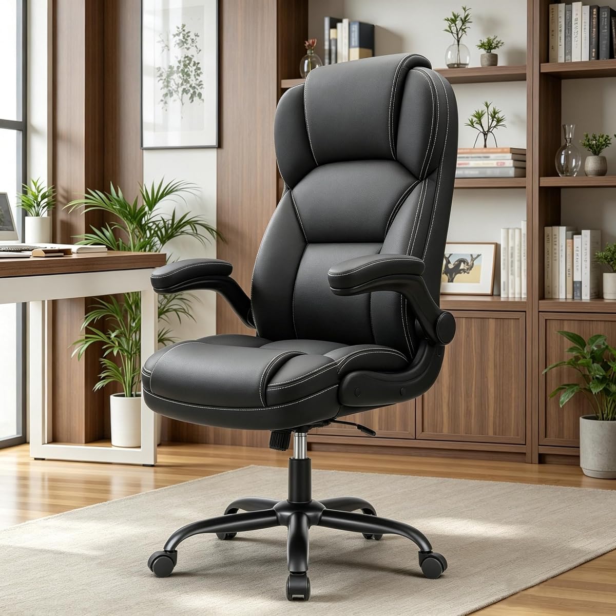 PU Leather Office Chair Desk Chair with Flip-up Armrests, Black