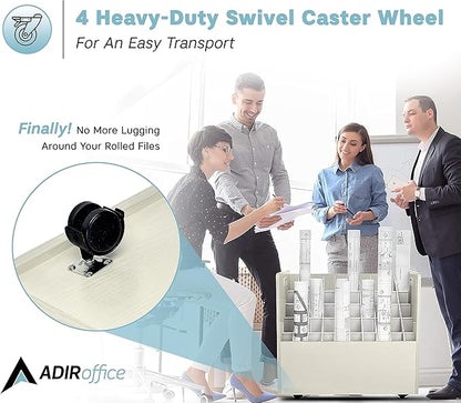 AdirOffice Adir Blue Print Storage Organizer - Mobile Roll File Cart, Construction Plan Holders, Blueprint Cabinet with Wheels, Roll Files Storage for Office and Home (50 Slots, White)