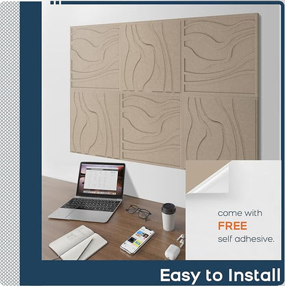 BUBOS Large Acoustic Panels, 6-Pack Soundproof Wall Panels Thickened 23.6 x 23.6 Inches, Self-adhesive Sound Absorbing Panels Decorative for Recording Studio Office Home Theater, Camel