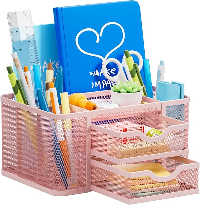 Marbrasse Mesh Desk Organizer, Pen Organizer with 2 Drawer, Multi-Functional Pencil Holder, Desk Organizers and Accessories with 5 Compartments + Drawer for Office Art Supplies (Pink)