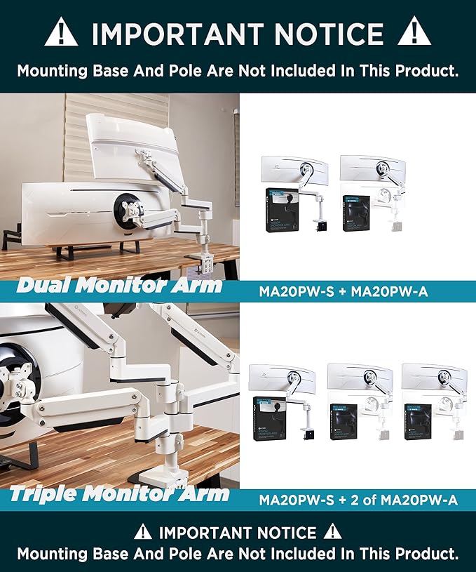 ULTRARM Heavy Duty Extension Arm [Accessory Only - Requires MA20PW-S Single Monitor Arm for Use] Dual 49" Vertical Stacked Monitor Mount Height Adjustable - 100x100 VESA Mount, White, MA20PW-A