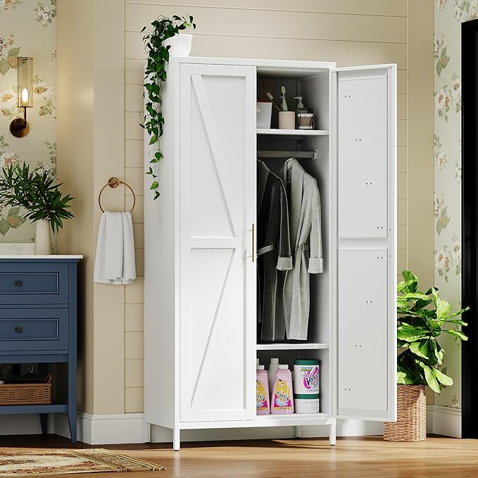 SUPEER Metal Wardrobe Cabinet with Hanging Rod,Metal Wardrobe Closet with Doors and Adjustable Shelves, Armoire Closet Locker for Home,Office,H70.9 X W31.5 X D17.7,Installation Required,White