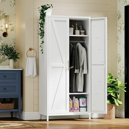 SUPEER Metal Wardrobe Cabinet with Hanging Rod,Metal Wardrobe Closet with Doors and Adjustable Shelves, Armoire Closet Locker for Home,Office,H70.9 X W31.5 X D17.7,Installation Required,White