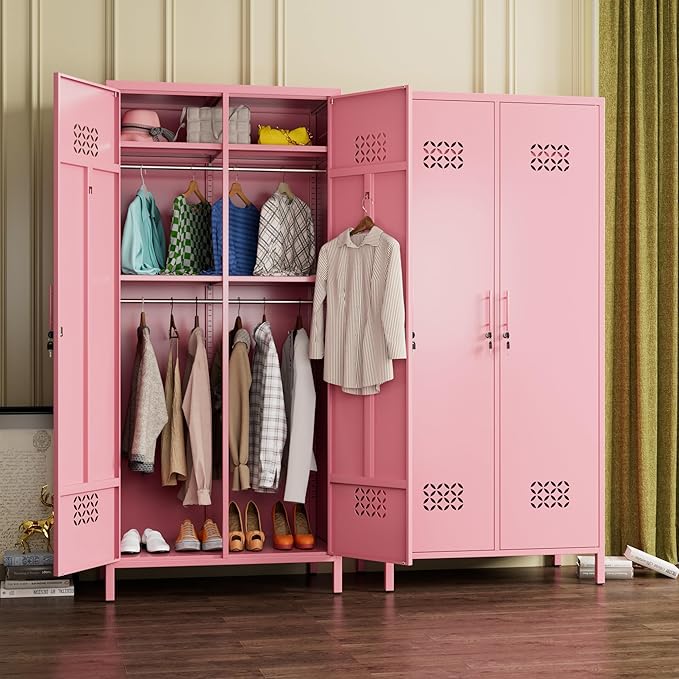 SUPEER 2 Doors Metal Storage Locker with Adjustable Shelves and 2 Hanging Rods, Metal Wardrobe Cabinet with Lock,Wardrobe Lockers for Home,Office,Assembly Required,Pink