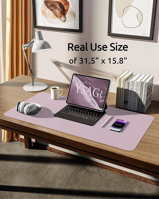 YSAGi Leather Desk Protector, Office Mat, Large Mouse Mat, Non-Slip PU Leather Blotter, Laptop Desk Mat, Waterproof Writing Pad for Office and Home (Grayish Lavender, 31.5" x 15.8")