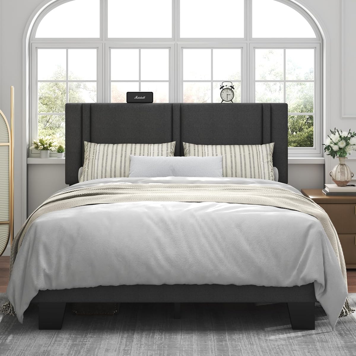 Queen Platform Bed Frame, Fabric Upholstered Queen Bed Frame, Solid Wood Slats & Heavy Duty Feet Support, No Box Spring Needed, Noise-Free, Easy Assembly, Dark Grey
