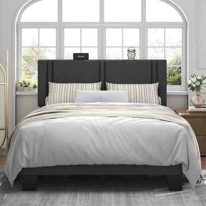 Queen Platform Bed Frame, Fabric Upholstered Queen Bed Frame, Solid Wood Slats & Heavy Duty Feet Support, No Box Spring Needed, Noise-Free, Easy Assembly, Dark Grey