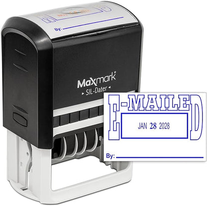 MaxMark Large Self-Inking Rubber Date Office Stamp with E-Mailed Phrase & Date - Blue Ink, 12-Year Band - Style 5