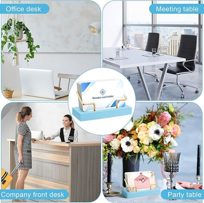 Amyhill 2 Pieces Wood Business Card Holder for Desk Wooden Business Card Display Stand Postcard Holder for Office Home Desktop (Blue Color, Gold)