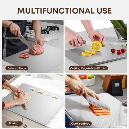KORVOS Stainless Steel Cutting Board, 15.7"L x 11.8" W Heavy Duty Steel Chopping Boards for Kitchen, Metal Cutting Board with Lip&Non-slip pad, New Textured Against Scratches Surface, Easy To Clean