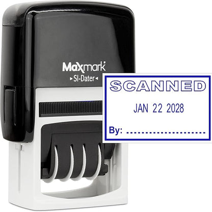 MaxMark Office Self Inking Date Stamp with Phrase Scanned - Blue Ink