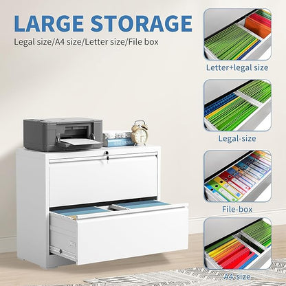 FLIXELIO File Cabinets 2 Drawer,Metal Office Storage Filing Cabinet with Lock,White Lateral Filing Cabinet for Home Office,Horizontal Two Drawer File Cabinet for Legal/Letter/A4,Assembly Require,White