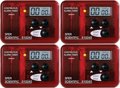 Sper Scientific Continuous Alarm Timer with Count Up Count Down & Visual Indicator 810045 - Bright LED Alarm & 9999-Minute Range - Portable Design for Cooking, Experiments, Fitness & More - 4 pc