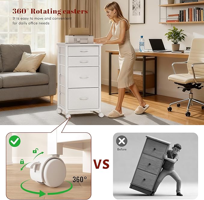 4 Drawers Mobile File Cabinet Vertical Filing Cabinet with Fabric Drawer Fits A4/Letter Size Printer Stand for Home Office，White