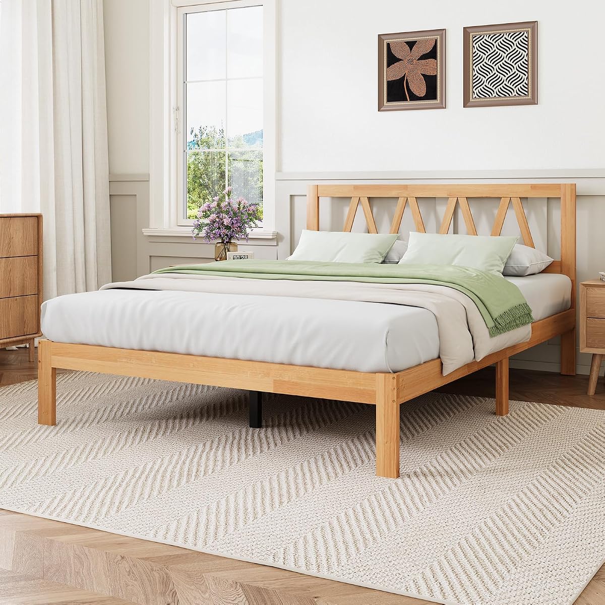 12 Inch Full Size Bed Frame Full Bed Frames with Headboard Solid Wooden BedFrame Foundation, No Box Spring Needed, Easy Assembly, Natural Grain Wood