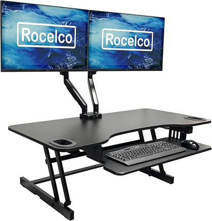 Rocelco 45" Height Adjustable Standing Desk Converter with Premium Dual Monitor Mount and Slide Out Retractable Keyboard Tray - Sit Stand Up Triple Screen Tabletop Riser - Black (R ADRB-45-MA2)