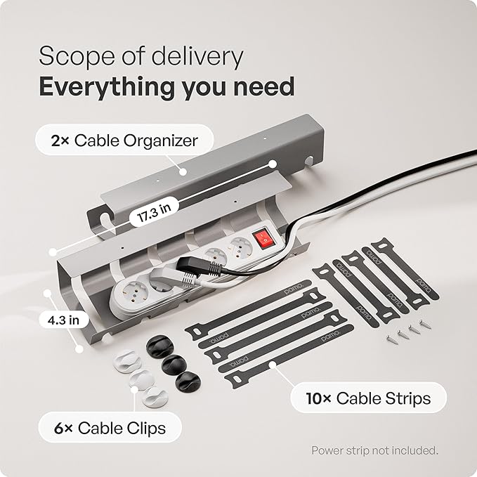 PAMO Cable Management Under Desk for Easy mounting Under-Table I Set of 2 - with 10X Cable Ties I Desk Organizer for Office/Home Office Table Thoughtful Cable Tray Holder