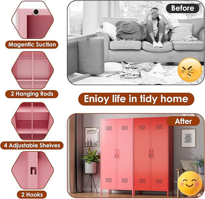 SUPEER 2 Doors Metal Storage Locker with Adjustable Shelves and 2 Hanging Rods, Metal Wardrobe Cabinet with Lock,Wardrobe Lockers for Home,Office,Assembly Required,Pink