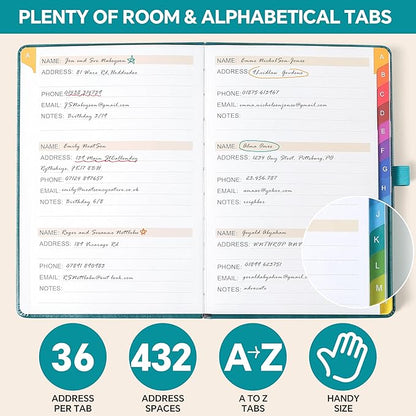 Address Book with Colorful Alphabetical Tabs (8.4" x 5.7") – Hardcover Contact Organizer for Website Passwords, Telephone, Software Licenses, and Important Information – Black