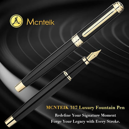 MCNTEIK 317 Fountain Pen,Stunning Luxury Black Piano Lacquer,18K Gilded Nib(Fine),Gorgeous 24K Gold Finish, Ink Converter,Fancy Gift for Men&Women-Elegant,Executive,Office,Nice Pens for Writing