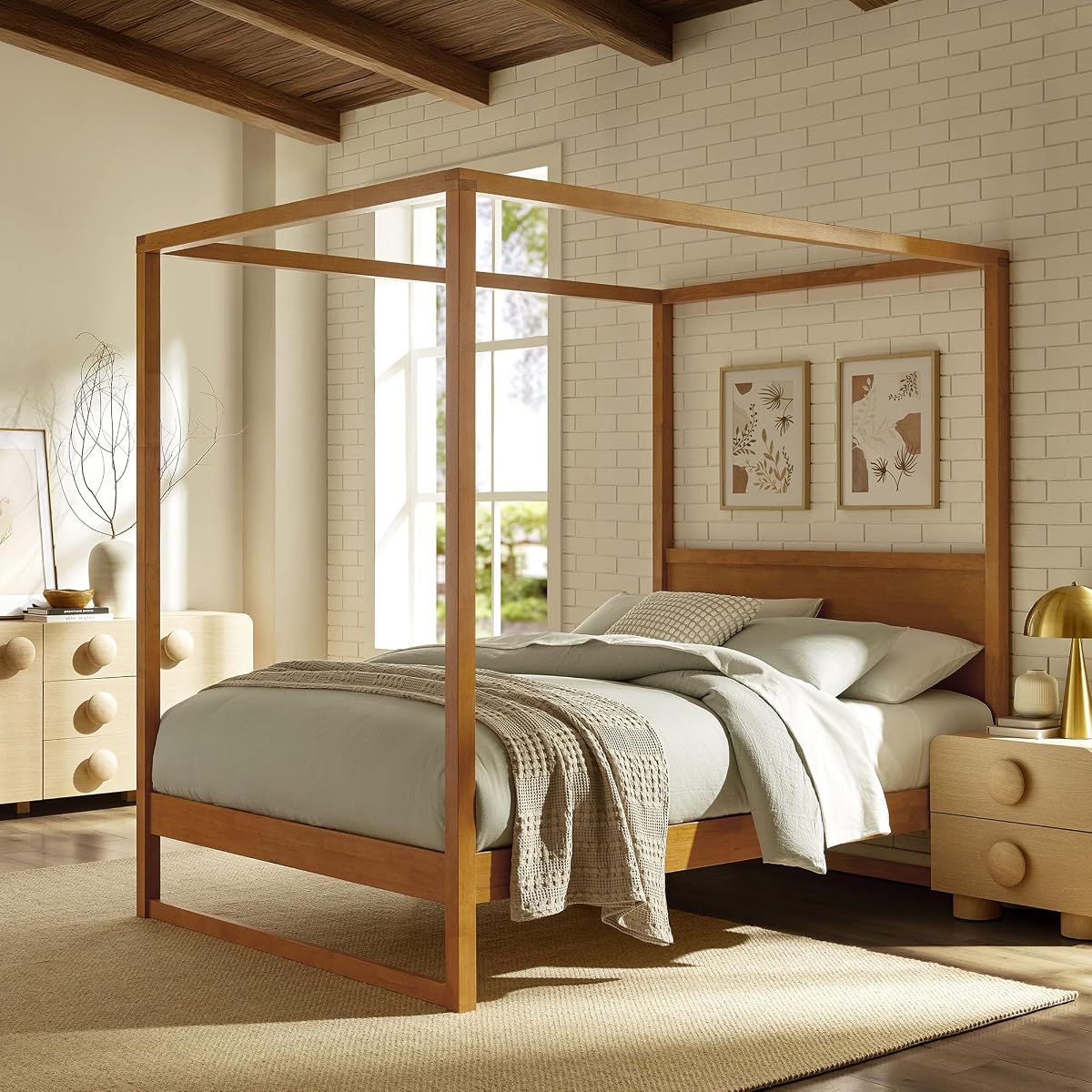 Alva King Size 4-Post Wood Platform Canopy Bed in Oak – with Headboard and Solid Rubberwood Frame