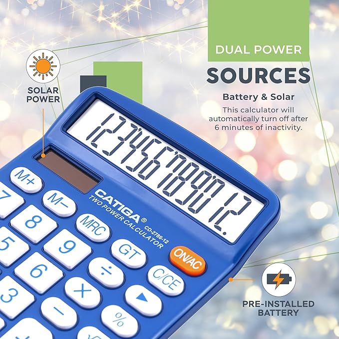 CATIGA Desktop Calculator 12 Digit with Large LCD Display and Sensitive Button, Solar and Battery Dual Power, Standard Function for Office, Home, School, CD-2786