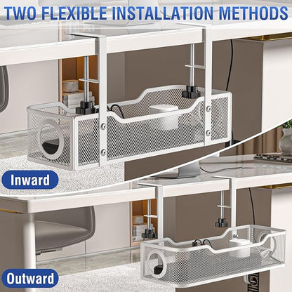 Under Desk Cable Management Tray, GZOKMOG Cord Management with Upgraded Clamp No Drill, Metal Cable Management Box for Home Office, Wire Management for Standing Desk, 1 Pack White, 13.38 inch