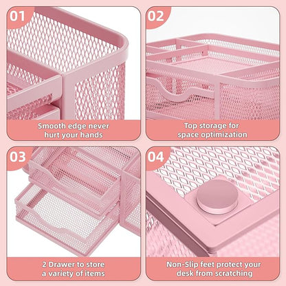 Marbrasse Mesh Desk Organizer, Pen Organizer with 2 Drawer, Multi-Functional Pencil Holder, Desk Organizers and Accessories with 5 Compartments + Drawer for Office Art Supplies (Pink)