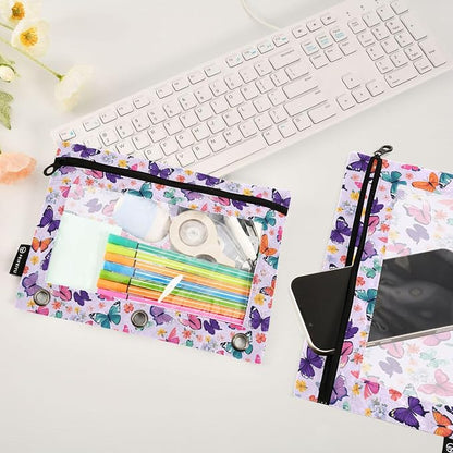 Butterfly Lavender Binder Pouches 3 Ring for Boys Girls School Office College Supplies Purple Rose Flower Pencil Pouches Case Bag with Clear Window and Zipper 2 Pack