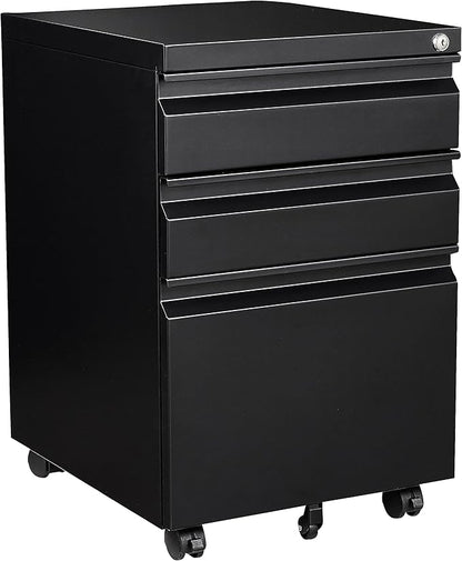 Fesbos 3 Drawer Mobile Metal File Cabinet, Black Filling Cabinets with Lock, Pre-Built Office Storage File Cabinet with Wheels Under Desk - Assembled Required