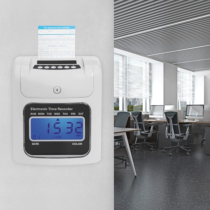 GXFCHYL Electronic Time Clock Calculating Time Clock Punch Machine Employee Attendance Punch Time Clock with 50-Piece time Cards and One Security Keys,Auto-Align Time Clocks for Small Business