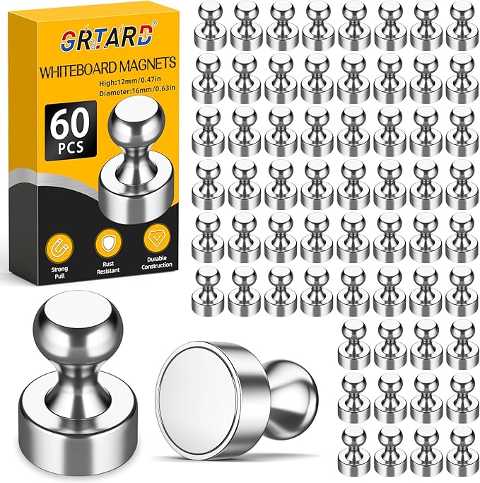 Grtard 60 Pack Magnetic Push Pins, Fridge Magnets for Whiteboard, Whiteboard Magnets Refrigerator Magnets, Small and Strong Push Pin Magnet for Office, School, Locker, and Map Magnet (Silver)
